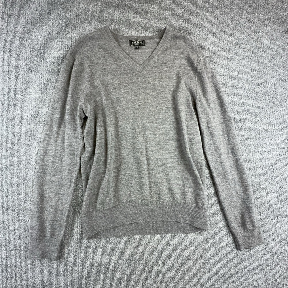 Express Sweater Mens Medium Gray V Neck Merino Wool Knit Pullover Lightweight